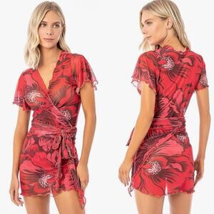 Maaji Scarlet Red Tulip Derry Mesh Short Kaftan Swim Pool Dress Cover Up Medium